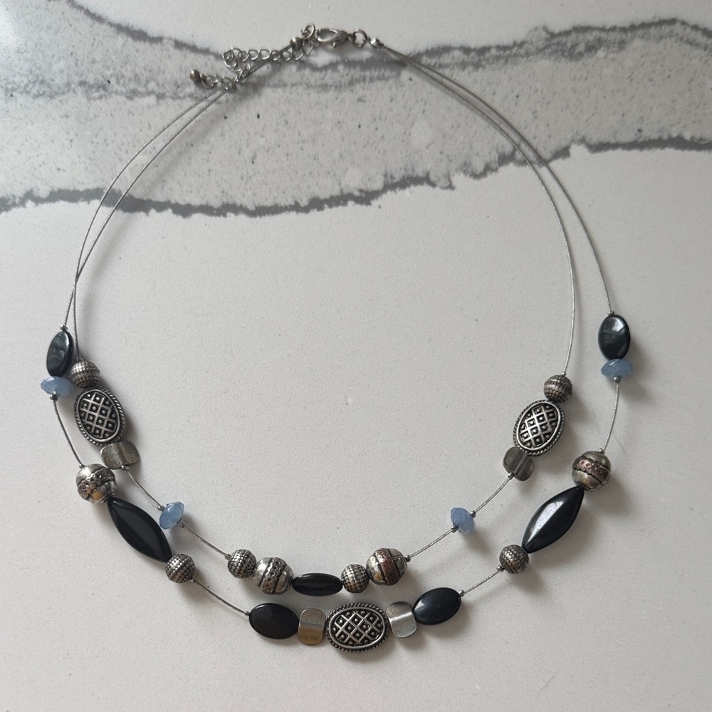 Black, Blue, and Silver Beaded Necklace